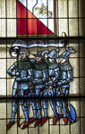 846314 Afbeelding van een glas-in-loodraam met de vier geharnaste boden van St.-Eloyengasthuis (Boterstraat 22) te ...